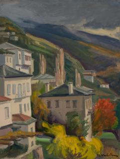 Makrinitsa (on Catalog Cover) — Oil painting, Canvas, 50.00×65.00cm — Theodoros Markellos